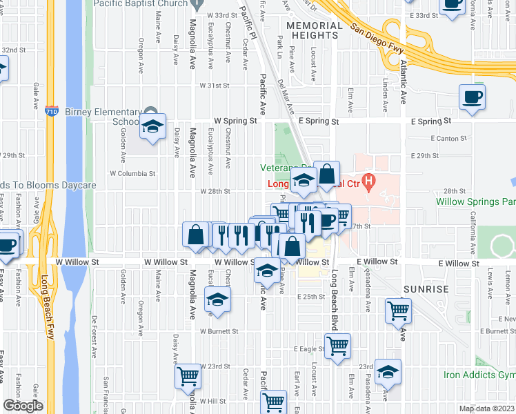 map of restaurants, bars, coffee shops, grocery stores, and more near 2751 Pacific Avenue in Long Beach