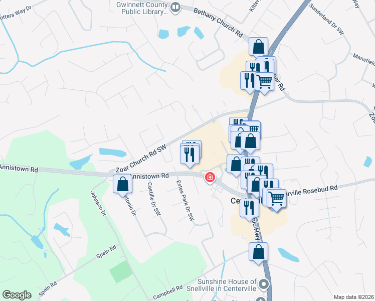 map of restaurants, bars, coffee shops, grocery stores, and more near 4002 Zoar Church Road Southwest in Snellville