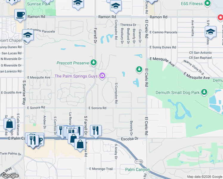 map of restaurants, bars, coffee shops, grocery stores, and more near 2701 East Mesquite Avenue in Palm Springs