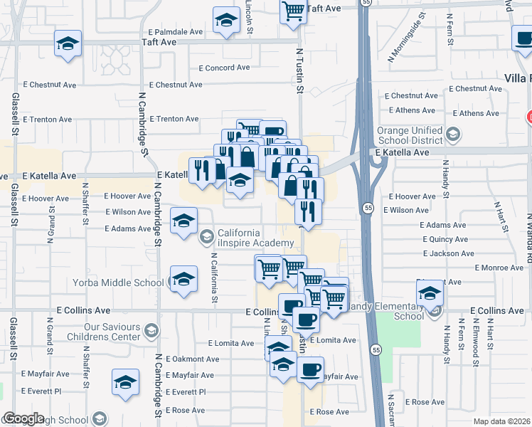 map of restaurants, bars, coffee shops, grocery stores, and more near 1413 East Adams Avenue in Orange
