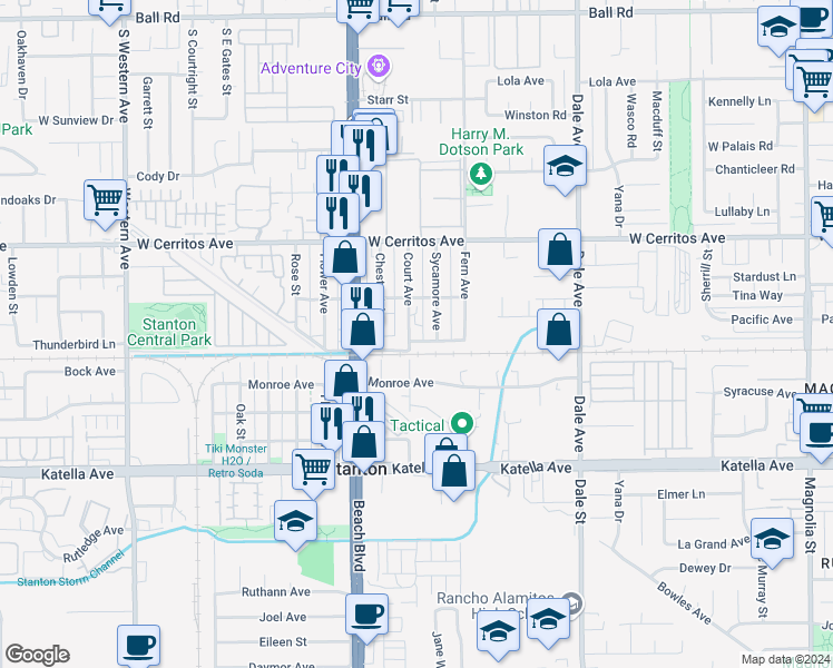 map of restaurants, bars, coffee shops, grocery stores, and more near 8097 Pacific Street in Stanton