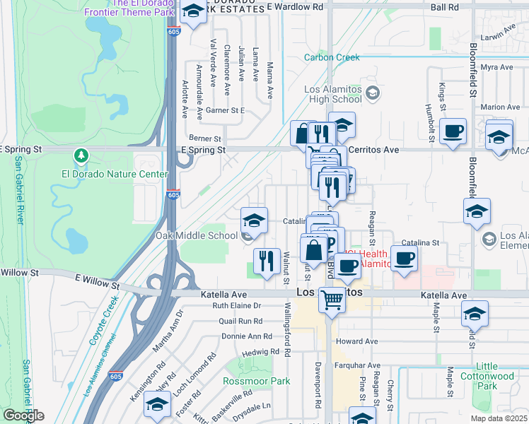 map of restaurants, bars, coffee shops, grocery stores, and more near 10726 Oak Street in Los Alamitos