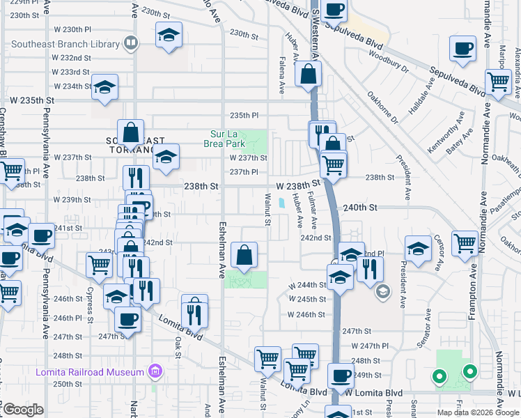 map of restaurants, bars, coffee shops, grocery stores, and more near 1919 240th Street in Lomita