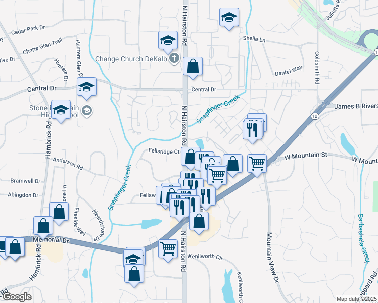 map of restaurants, bars, coffee shops, grocery stores, and more near in DeKalb County