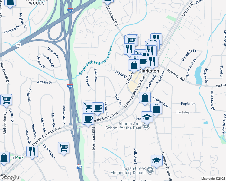 map of restaurants, bars, coffee shops, grocery stores, and more near 1080 Jolly Avenue in Clarkston