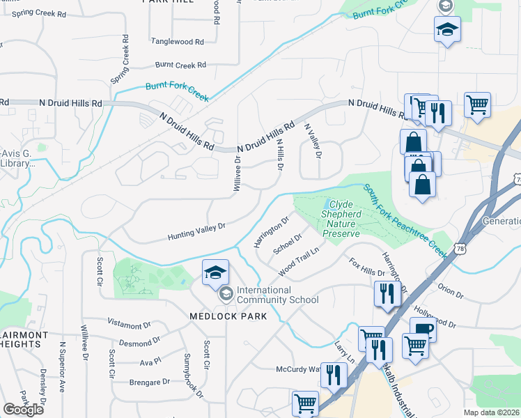 map of restaurants, bars, coffee shops, grocery stores, and more near 2477 Hunting Valley Drive in Decatur