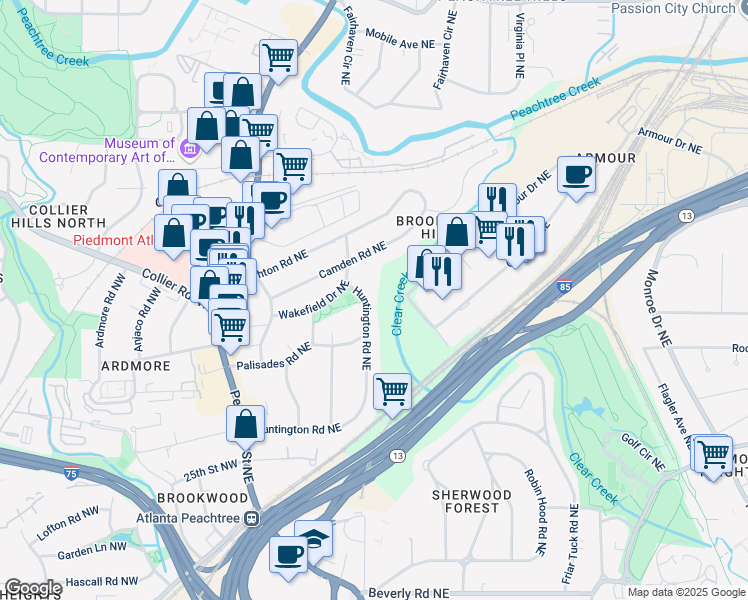 map of restaurants, bars, coffee shops, grocery stores, and more near 247 Huntington Road Northeast in Atlanta