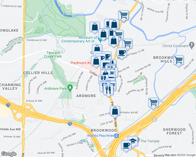 map of restaurants, bars, coffee shops, grocery stores, and more near 1892 Wycliff Road Northwest in Atlanta