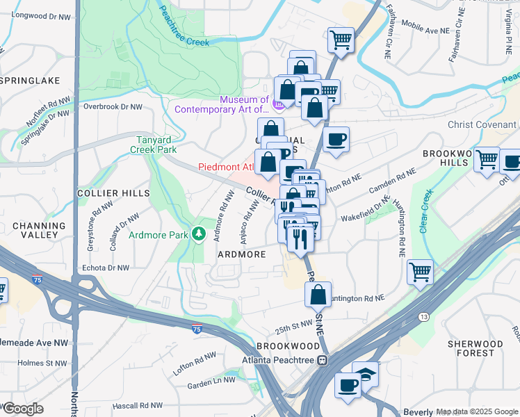 map of restaurants, bars, coffee shops, grocery stores, and more near 1892 Wycliff Road Northwest in Atlanta