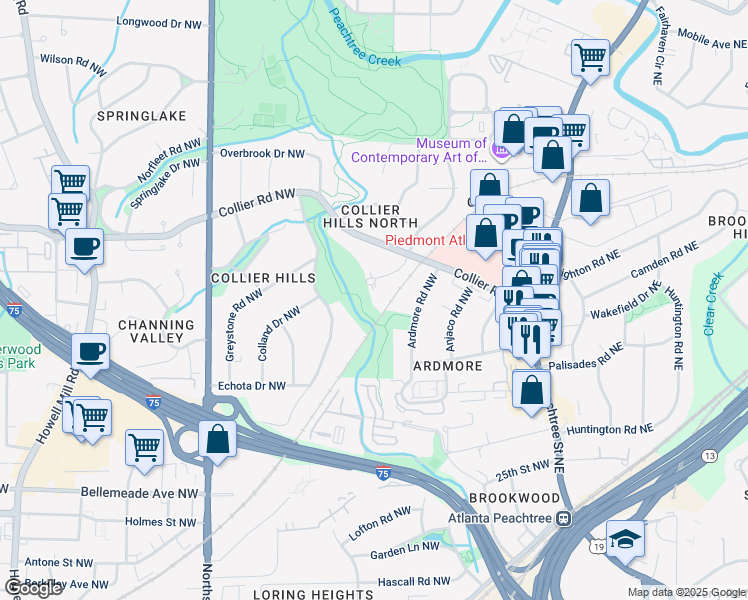 map of restaurants, bars, coffee shops, grocery stores, and more near 1911 Dellwood Drive Northwest in Atlanta