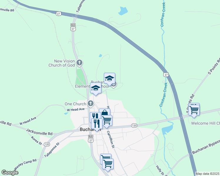 map of restaurants, bars, coffee shops, grocery stores, and more near 215 College Circle in Buchanan