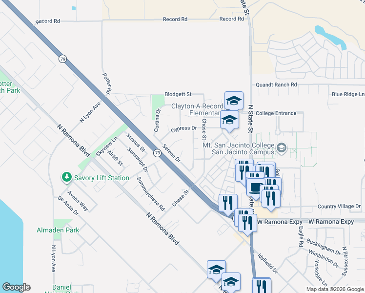 map of restaurants, bars, coffee shops, grocery stores, and more near 1488 Calle San Sebastian in San Jacinto