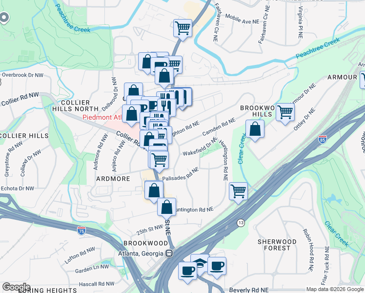 map of restaurants, bars, coffee shops, grocery stores, and more near 45 Montclair Drive Northeast in Atlanta