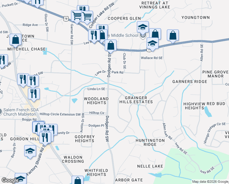 map of restaurants, bars, coffee shops, grocery stores, and more near 89 Sheraton Way Southeast in Mableton