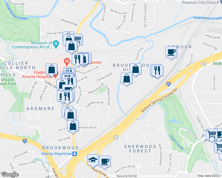 map of restaurants, bars, coffee shops, grocery stores, and more near 247 Huntington Road Northeast in Atlanta