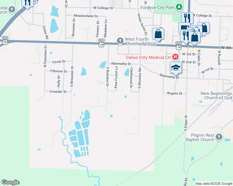 map of restaurants, bars, coffee shops, grocery stores, and more near 1721 Shady Lane in Fordyce