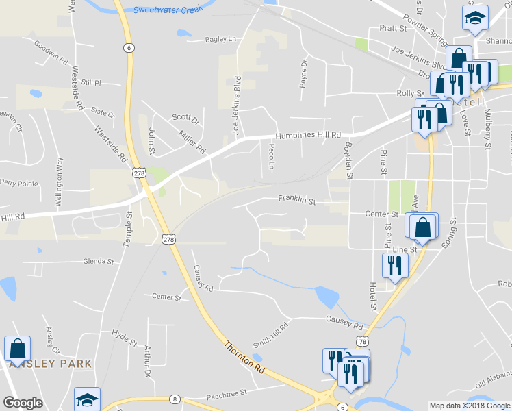 map of restaurants, bars, coffee shops, grocery stores, and more near 3215 Franklin Street in Austell