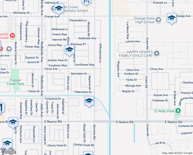 map of restaurants, bars, coffee shops, grocery stores, and more near 1989 Murrieta Road in Perris