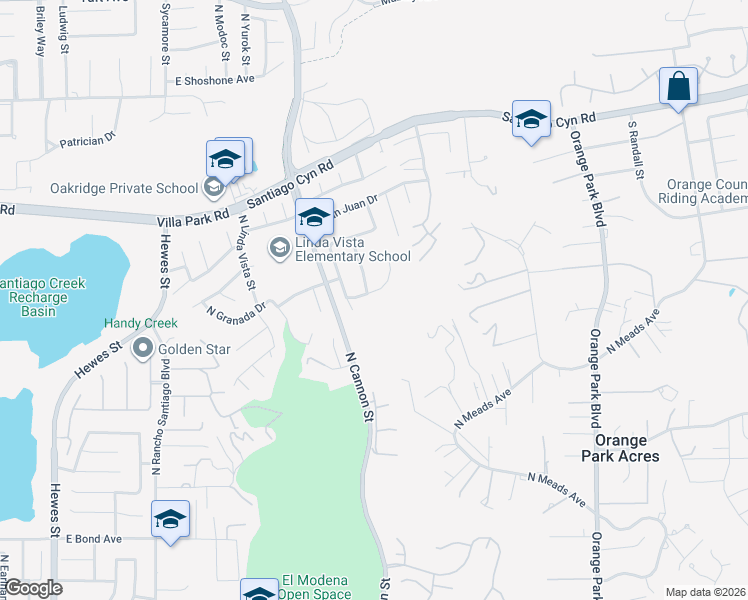 map of restaurants, bars, coffee shops, grocery stores, and more near 5738 East Muir Drive in Orange