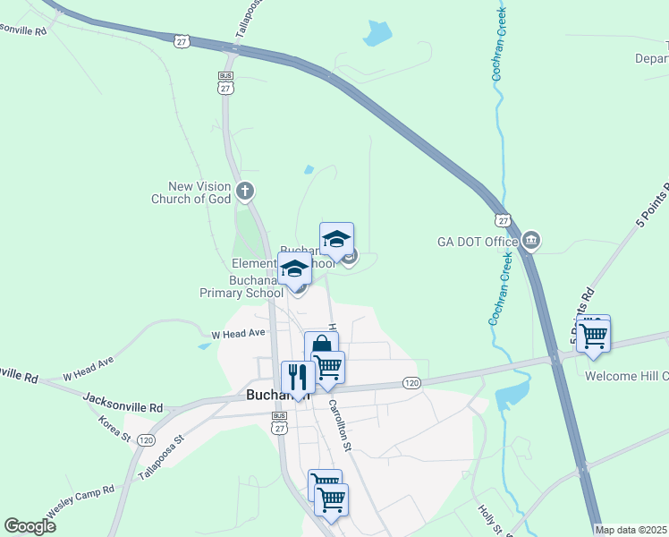 map of restaurants, bars, coffee shops, grocery stores, and more near 215 College Circle in Buchanan