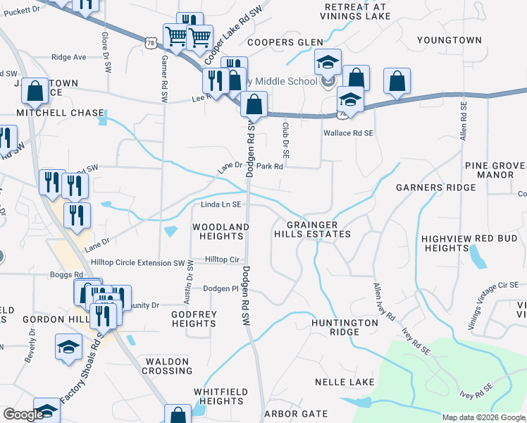 map of restaurants, bars, coffee shops, grocery stores, and more near 89 Sheraton Way Southeast in Mableton