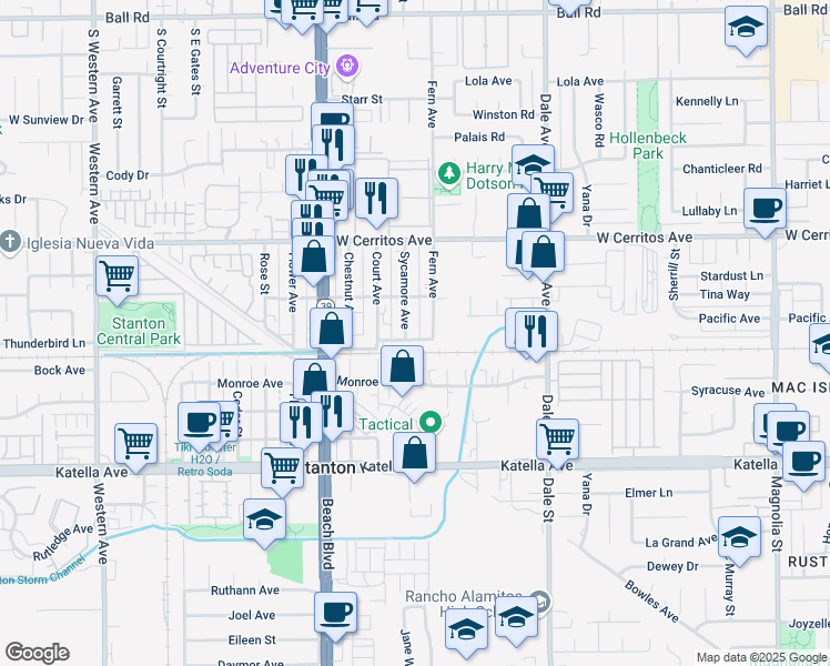 map of restaurants, bars, coffee shops, grocery stores, and more near 10692 Sycamore Avenue in Stanton