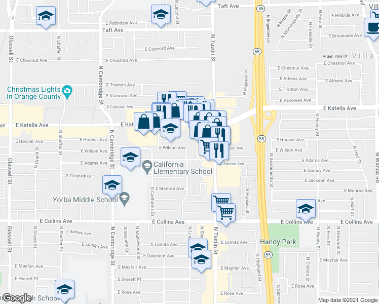 map of restaurants, bars, coffee shops, grocery stores, and more near 1163 North Lincoln Street in Orange