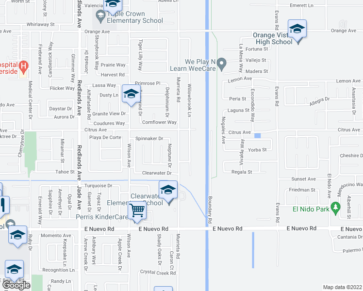 map of restaurants, bars, coffee shops, grocery stores, and more near 1989 Murrieta Road in Perris