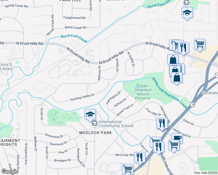 map of restaurants, bars, coffee shops, grocery stores, and more near 2477 Hunting Valley Drive in Decatur