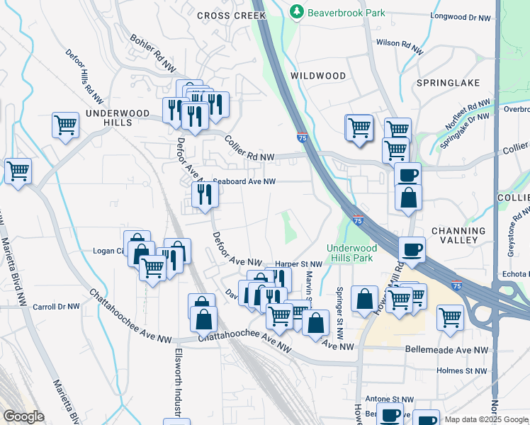 map of restaurants, bars, coffee shops, grocery stores, and more near 1910 Volberg Street Northwest in Atlanta