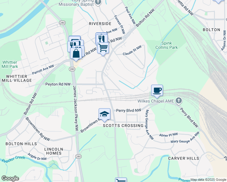 map of restaurants, bars, coffee shops, grocery stores, and more near 2535 Astaire Court NorthWest in Atlanta