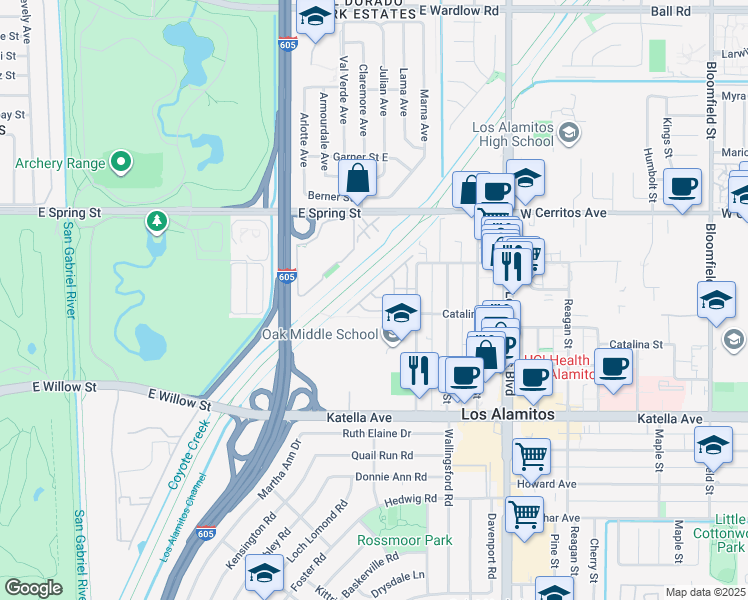 map of restaurants, bars, coffee shops, grocery stores, and more near 10681 Oak Street in Los Alamitos