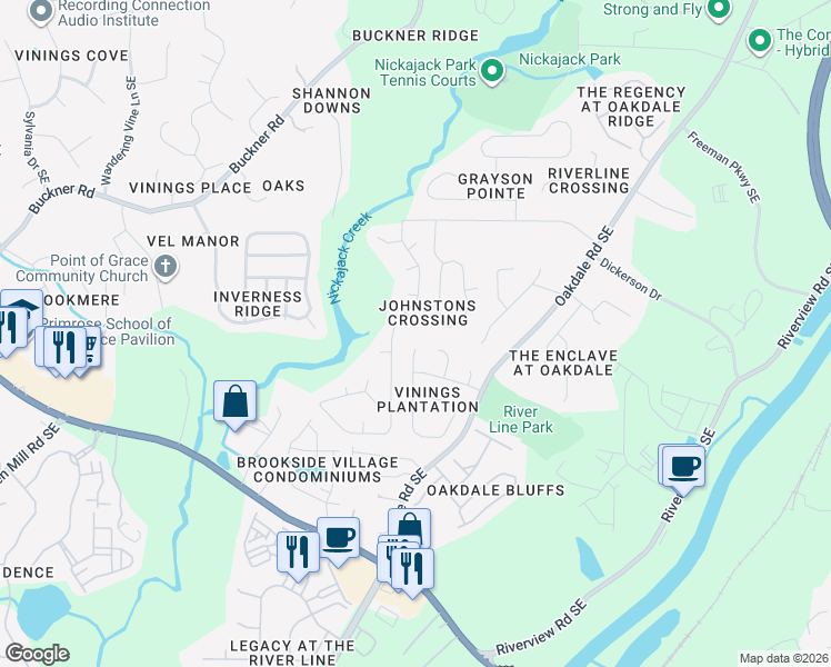 map of restaurants, bars, coffee shops, grocery stores, and more near 1468 Riverline Court Southeast in Mableton