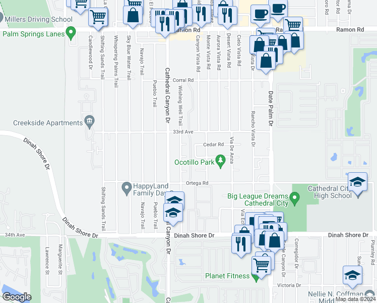 map of restaurants, bars, coffee shops, grocery stores, and more near 33177 Campus Lane in Cathedral City