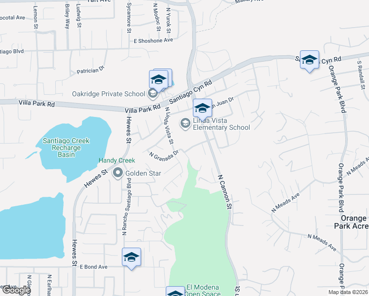 map of restaurants, bars, coffee shops, grocery stores, and more near 1131 North Encanto Street in Orange