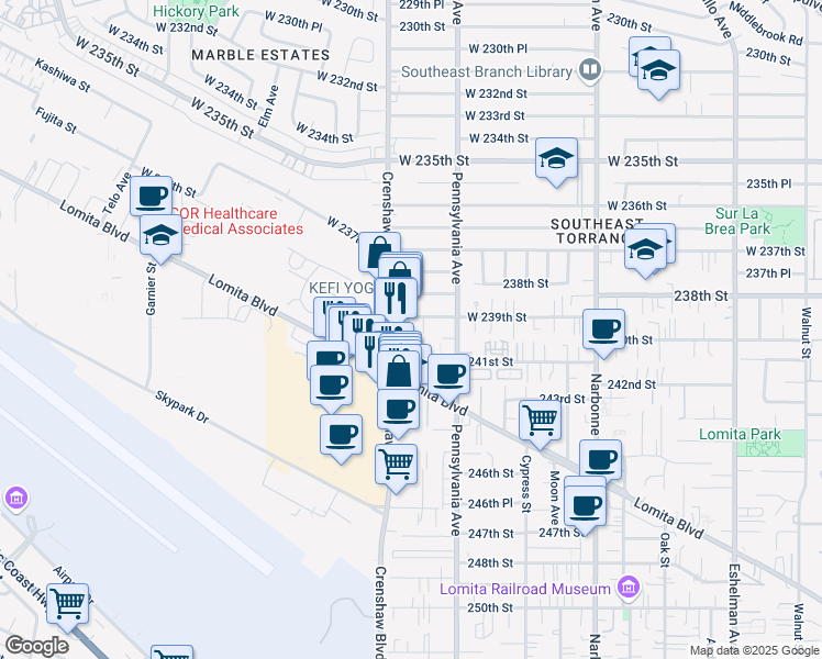 map of restaurants, bars, coffee shops, grocery stores, and more near 2450 West 239th Street in Torrance