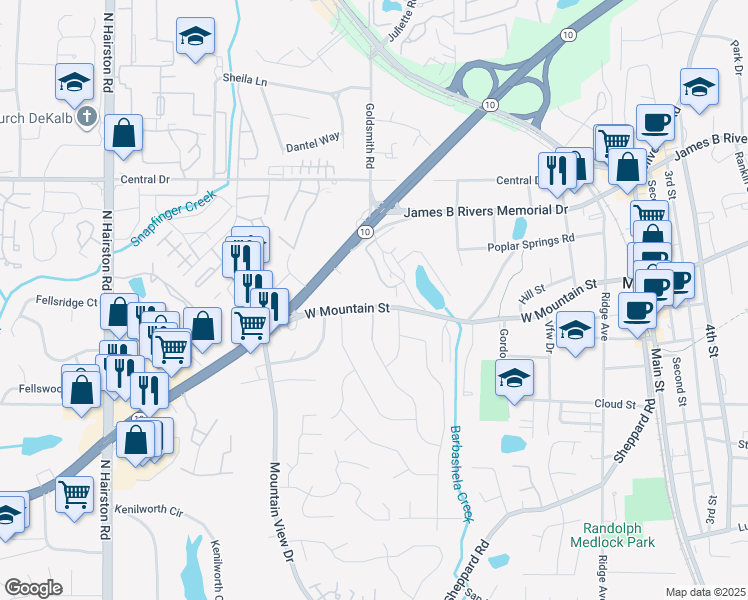 map of restaurants, bars, coffee shops, grocery stores, and more near 5045 West Mountain Street in Stone Mountain