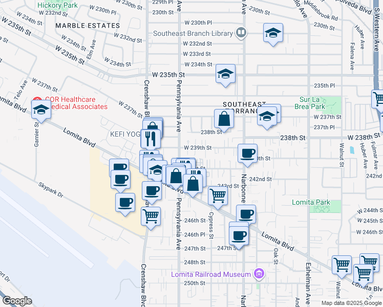 map of restaurants, bars, coffee shops, grocery stores, and more near 2354 West 239th Street in Torrance