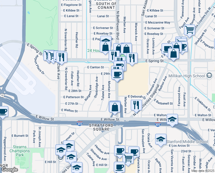 map of restaurants, bars, coffee shops, grocery stores, and more near 2802 Montair Avenue in Long Beach