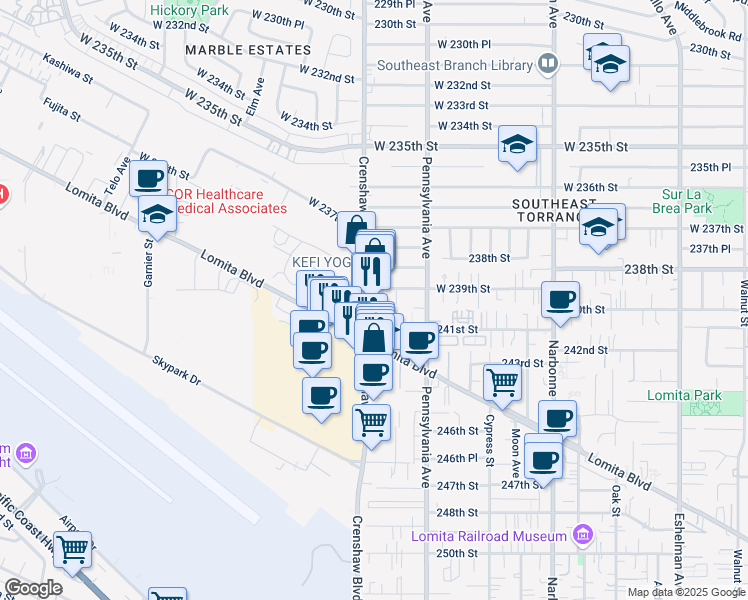 map of restaurants, bars, coffee shops, grocery stores, and more near in Torrance