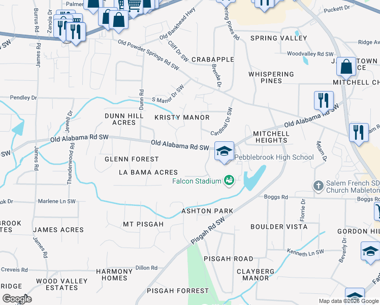 map of restaurants, bars, coffee shops, grocery stores, and more near 1059 Old Alabama Road Southwest in Mableton