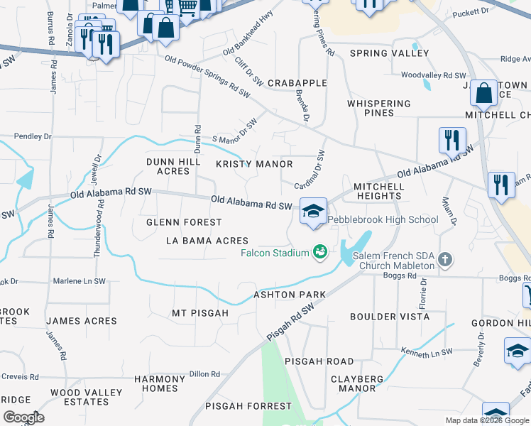 map of restaurants, bars, coffee shops, grocery stores, and more near 1059 Old Alabama Road Southwest in Mableton