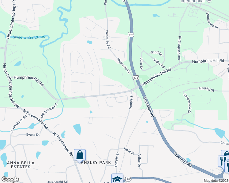 map of restaurants, bars, coffee shops, grocery stores, and more near 6202 Humphries Hill Road in Austell