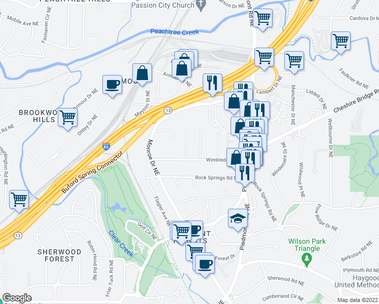 map of restaurants, bars, coffee shops, grocery stores, and more near 1933 Kilburn Drive Northeast in Atlanta