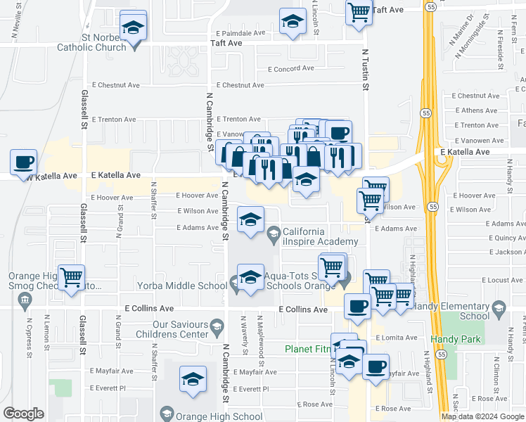map of restaurants, bars, coffee shops, grocery stores, and more near 1127 East Adams Avenue in Orange