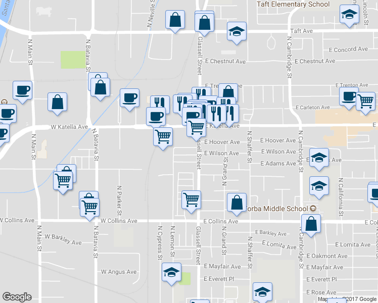 map of restaurants, bars, coffee shops, grocery stores, and more near 16 West Wilson Avenue in Orange