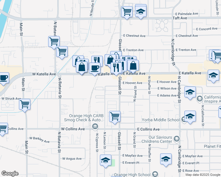 map of restaurants, bars, coffee shops, grocery stores, and more near 237 West Wilson Avenue in Orange