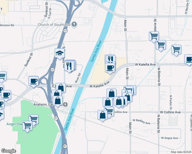 map of restaurants, bars, coffee shops, grocery stores, and more near 1855 West Katella Avenue in Orange