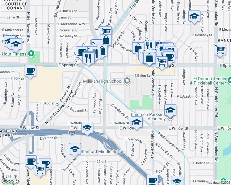 map of restaurants, bars, coffee shops, grocery stores, and more near 2780 Vuelta Grande Avenue in Long Beach