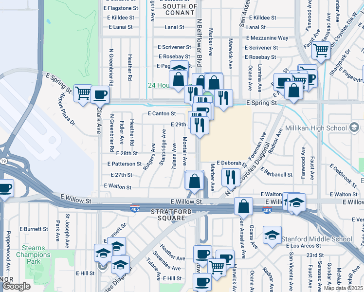 map of restaurants, bars, coffee shops, grocery stores, and more near 2802 Montair Avenue in Long Beach